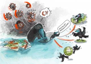 Kuva on piirros korpista, joka istuu kannettavan tietokoneen ääressä pää painoksissa. Hänen päänsä ympärillä pyörii synkkiä koronapilviä, ja pöydällä tietkoneen vieressä on nivaska peruuntuneita sopimuksia. Toisaalta tietokoneeseen osoittaa nuolia, joissa on erilaisia digitaalisia mahdollisuuksia, kuten korppi, jolla on vr-todellisuuslasit, loukkaantunut korppi, joka pääsee silti diginä osallistumaan ja maapallo, jonka ympärillä liitelee korppeja symbolina digitaalisuuden kansainvälisyydestä.