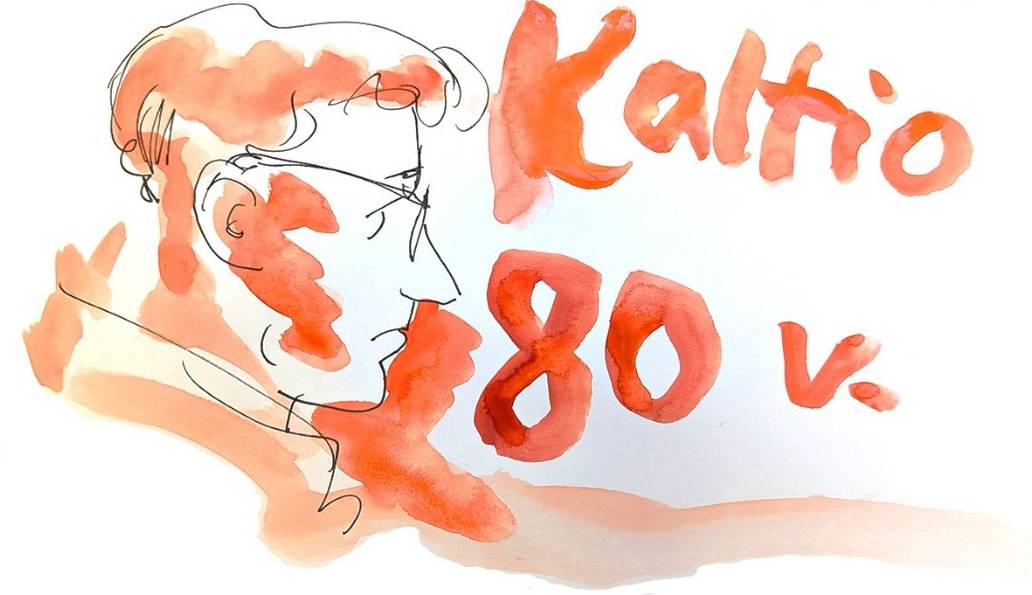 Piirretty kuvitus, jossa ihmishahmon sivuprofiili ja sen oikealla puolella teksti "Kaltio 80 v.". Vasemmalla allekkain Kaltio-lehden, Mustarinda-seuran ja Ponte-hankkeen logot.