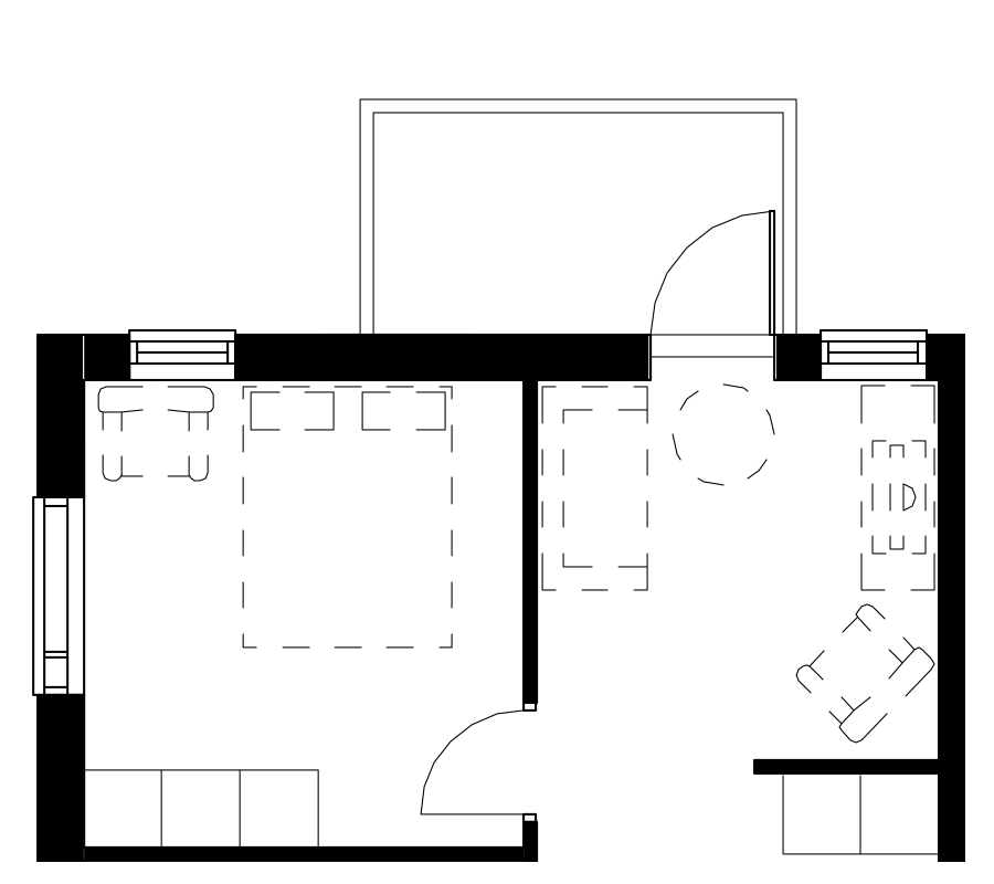 Pohjakuva asunnosta, jossa olohuoneen parveke on osittain makuuhuoneen edessä.