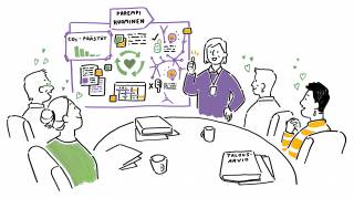 Kunnan eri toimialojen edustajia saman pöydän ääressä pohtimassa käytännön toimia rakentamisen kiertotalouden edistämiseksi.