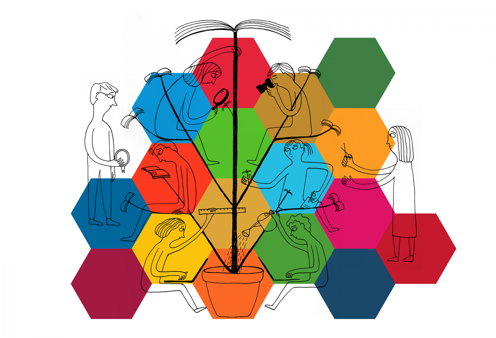 Human figures sitting on honey comb shapes.