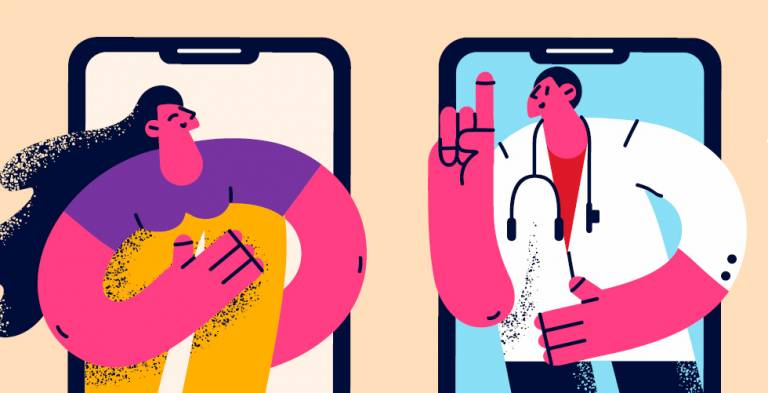 Värikkäät nais- ja miespiirroshahmot taustalla kännykkäkuvat.