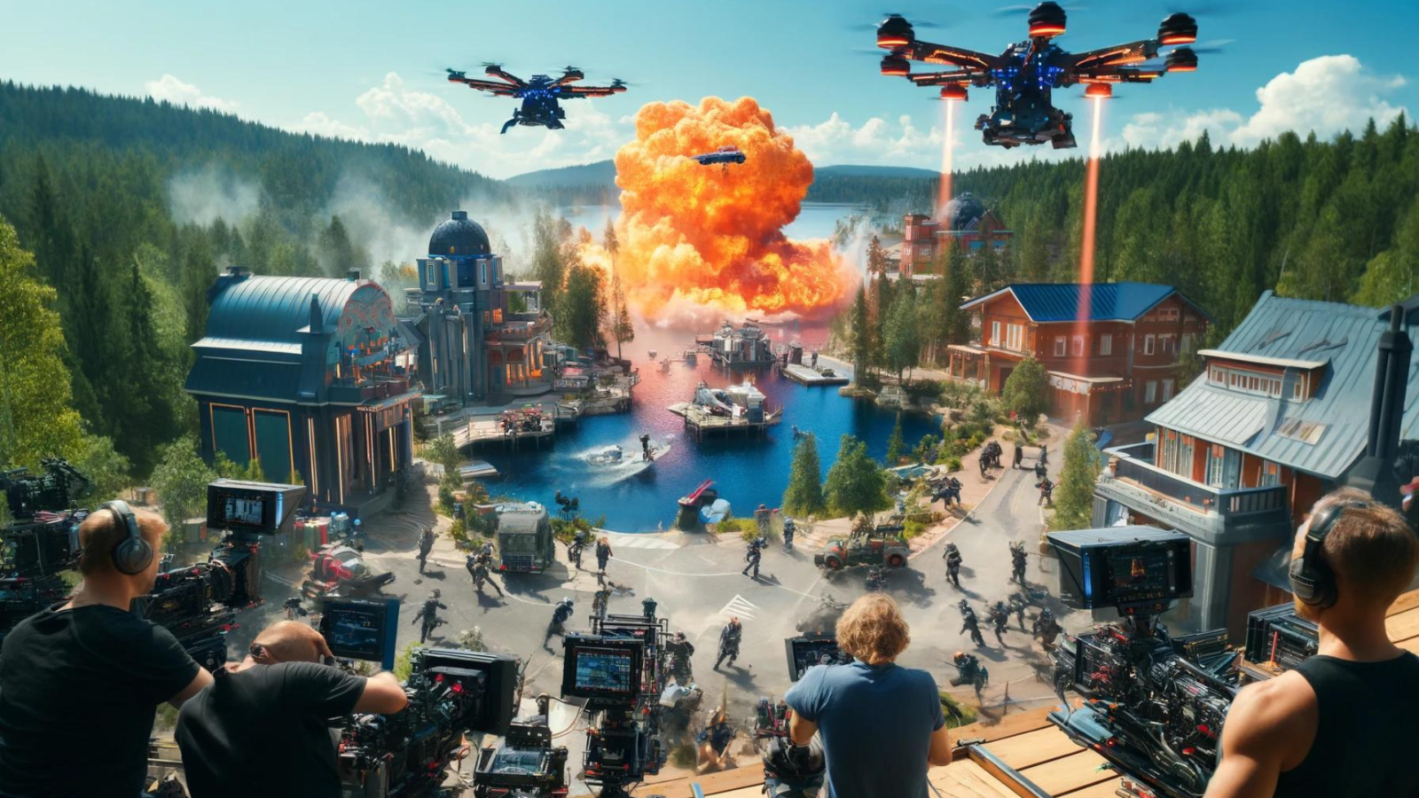 Kuva elokuvatuotannosta kesäisessä suomessa, taustalla kuvataan räjähdyskohtausta