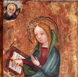 The Virgin Mary at the moment of the Annunciation with a dove descending towards her forehead from God the Father.