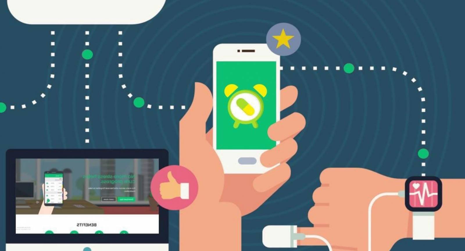 An animation picture of different tools that can be used to monitor digital health. The tools include smart phone, smart watch and a computer. The data sharing between different tools is visualized by dotted connecting lines between tools and cloud storage.