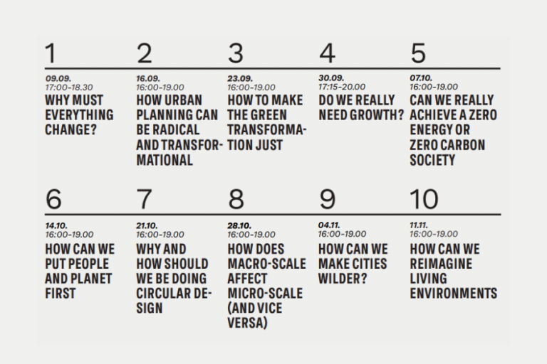 Lecrure topics and dates written on a poster.