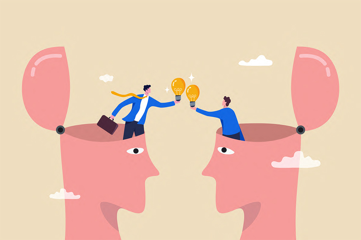 Piirroskuva avonaisista aivoista, joista ihmiset kurkistavat.