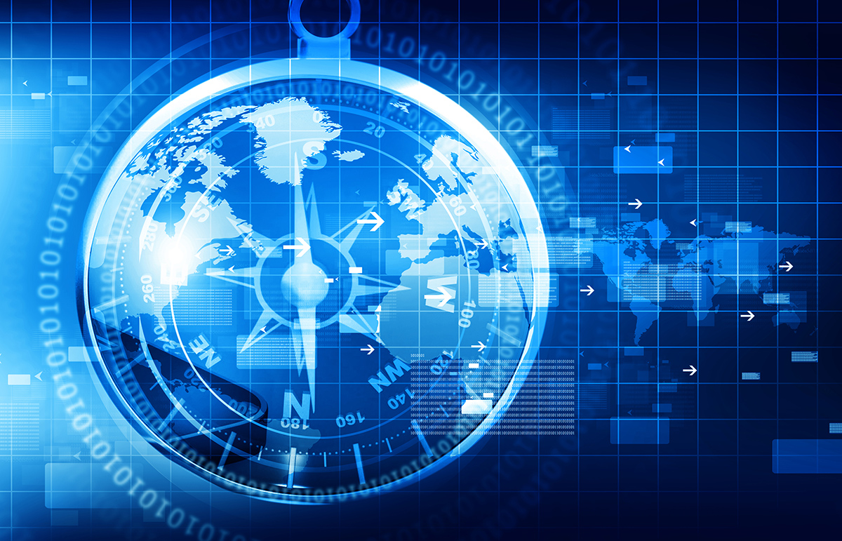 Sinisävyinen 3D-kuva maapallosta, jonka päällä on kompassi.