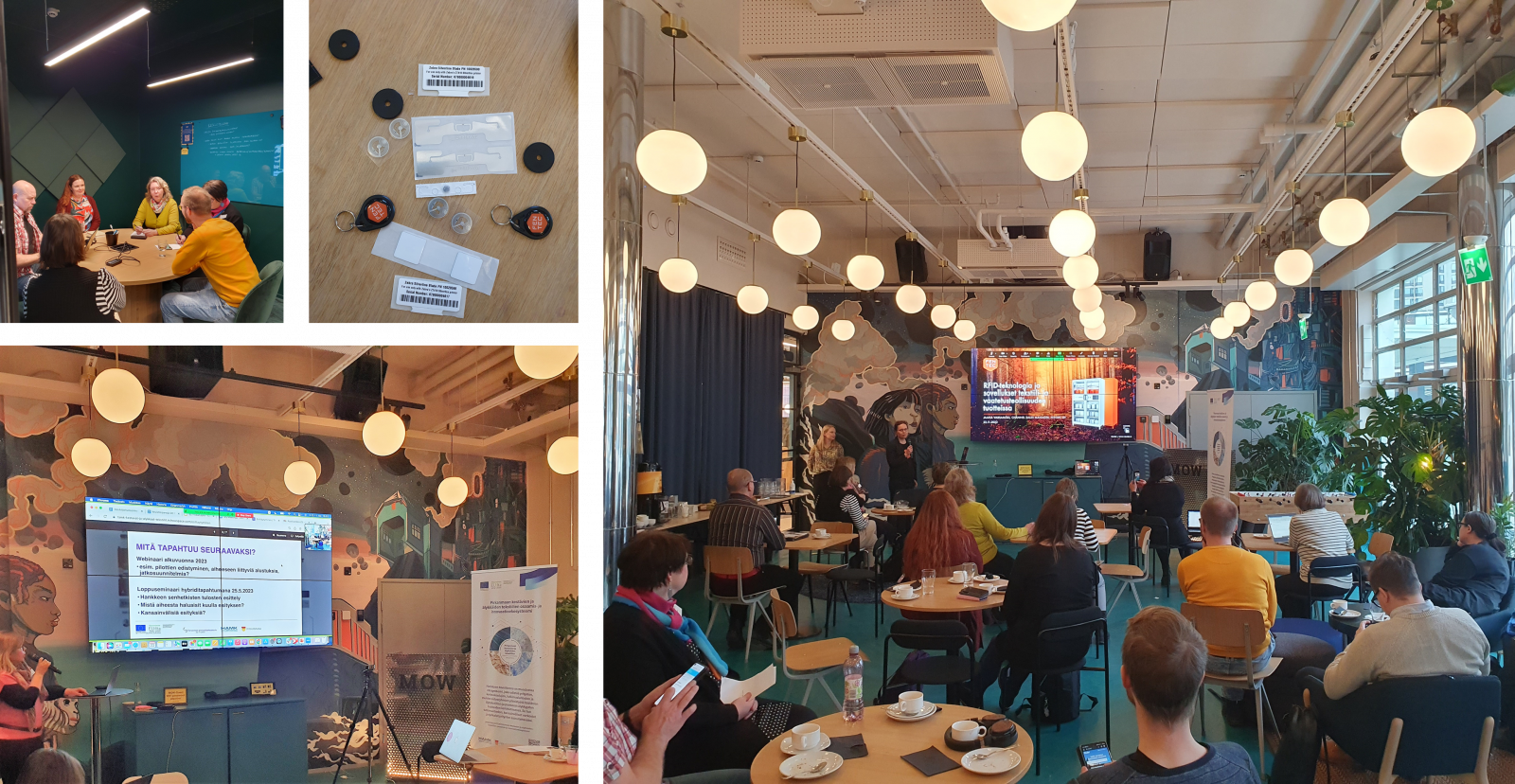 kuvakooste työpajasta. Ryhmätyöskentelyä, Fentec Oy:n tuotteita ja osallistujia kuuntelemassa esiintyjiä.