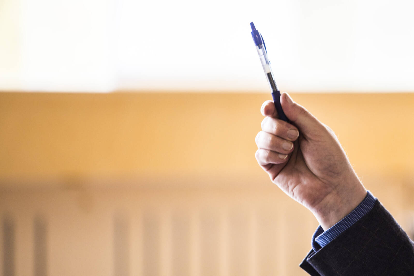 Kuvassa on käsi, joka pitelee kynää. Kuvattu ele muistuttaa puheenvuoron pyytämistä.