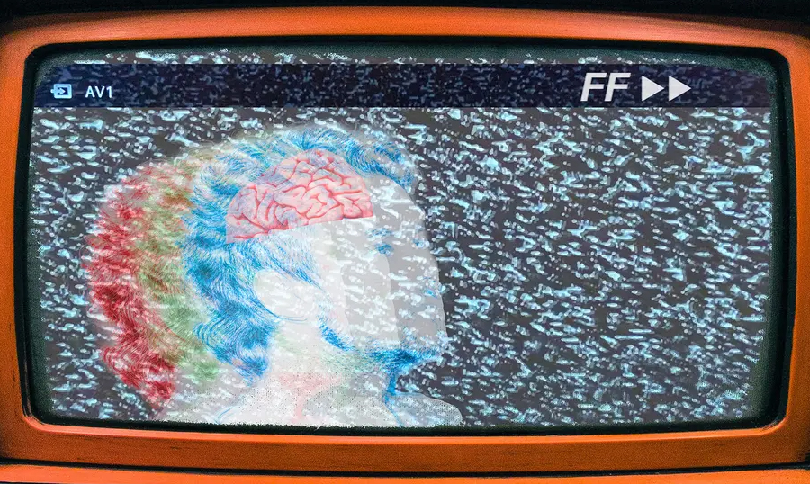 Putkitelevision kuva, jossa epämääräisen lumisadekuvan joukossa ihmiskasvot.