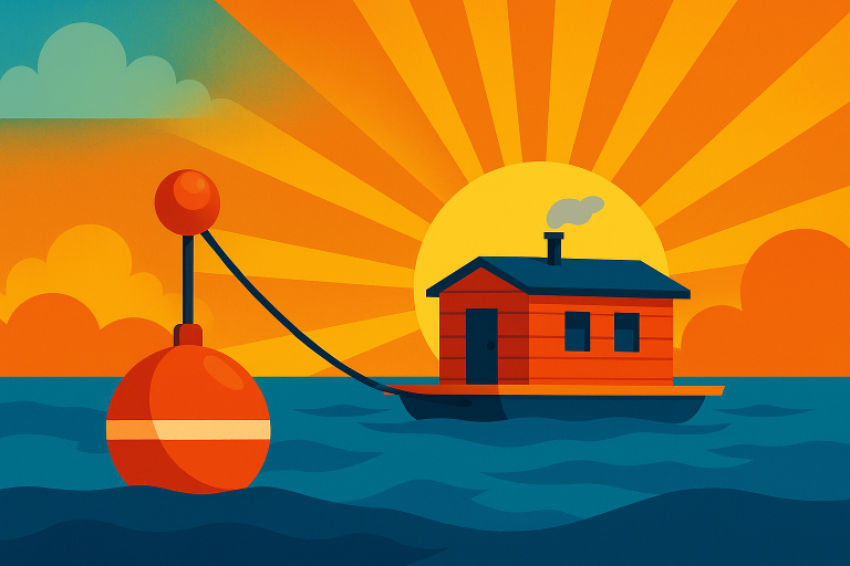 Poijuun kiinnitetty saunalautta auringonlaskussa.