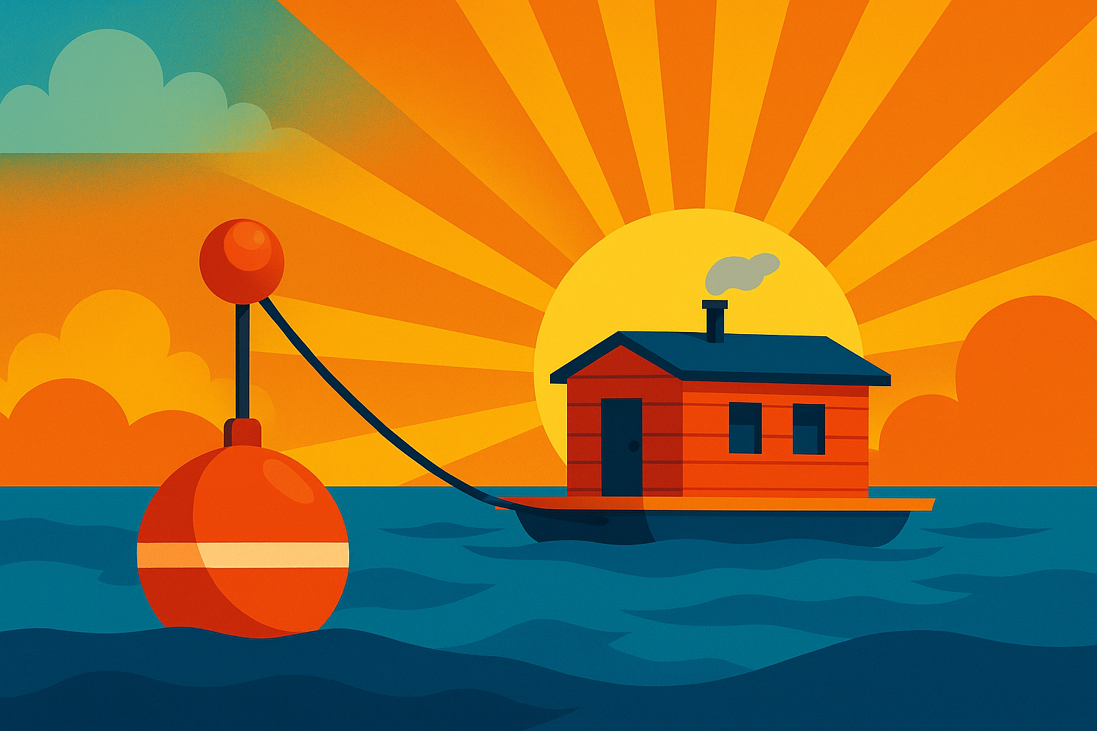 Poijuun kiinnitetty saunalautta auringonlaskussa.