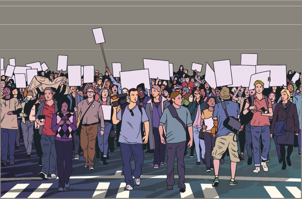 Sarjakuvamaisesti toteutettu värikuva väkijoukosta marssimassa kylttien kanssa kadulla, mukana median edustajia.