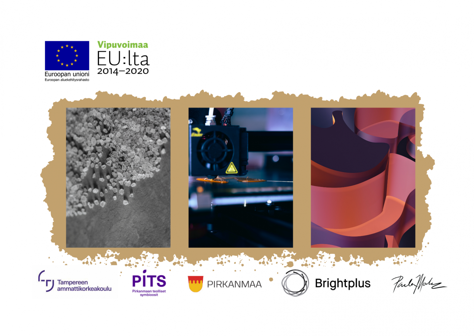 3d-tulostus kiertotaloudessa podcastin mainoskuva, jossa esitettynä garnulaattia, 3d-tulostusta suorittava laite sekä valmis 3d-tulostettu 3d-ulotteinen kappale. Kuvassa myös PITS-hankkeen logo ja yhteistyöntekijöiden logot.