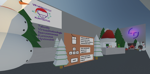 HUBS Mozilla -virtuaalitila, jossa virtuaaline lumiukko, joulukuusi ja muita elementtejä.