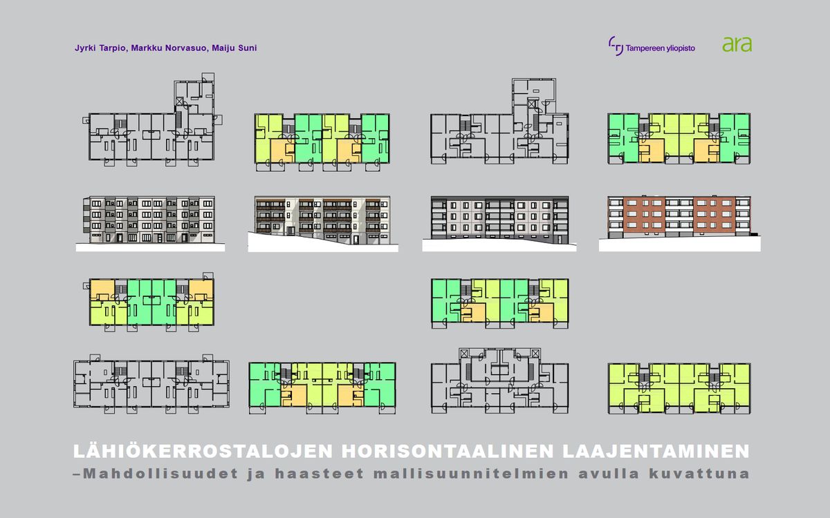Julkaisun kansi jossa esimerkkejä asuntopohjista ja julkisivuista