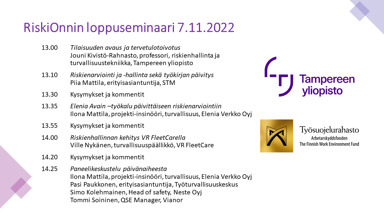 Kuva RiskiOnnin loppuseminaarin ohjelmasta 7.11.2022