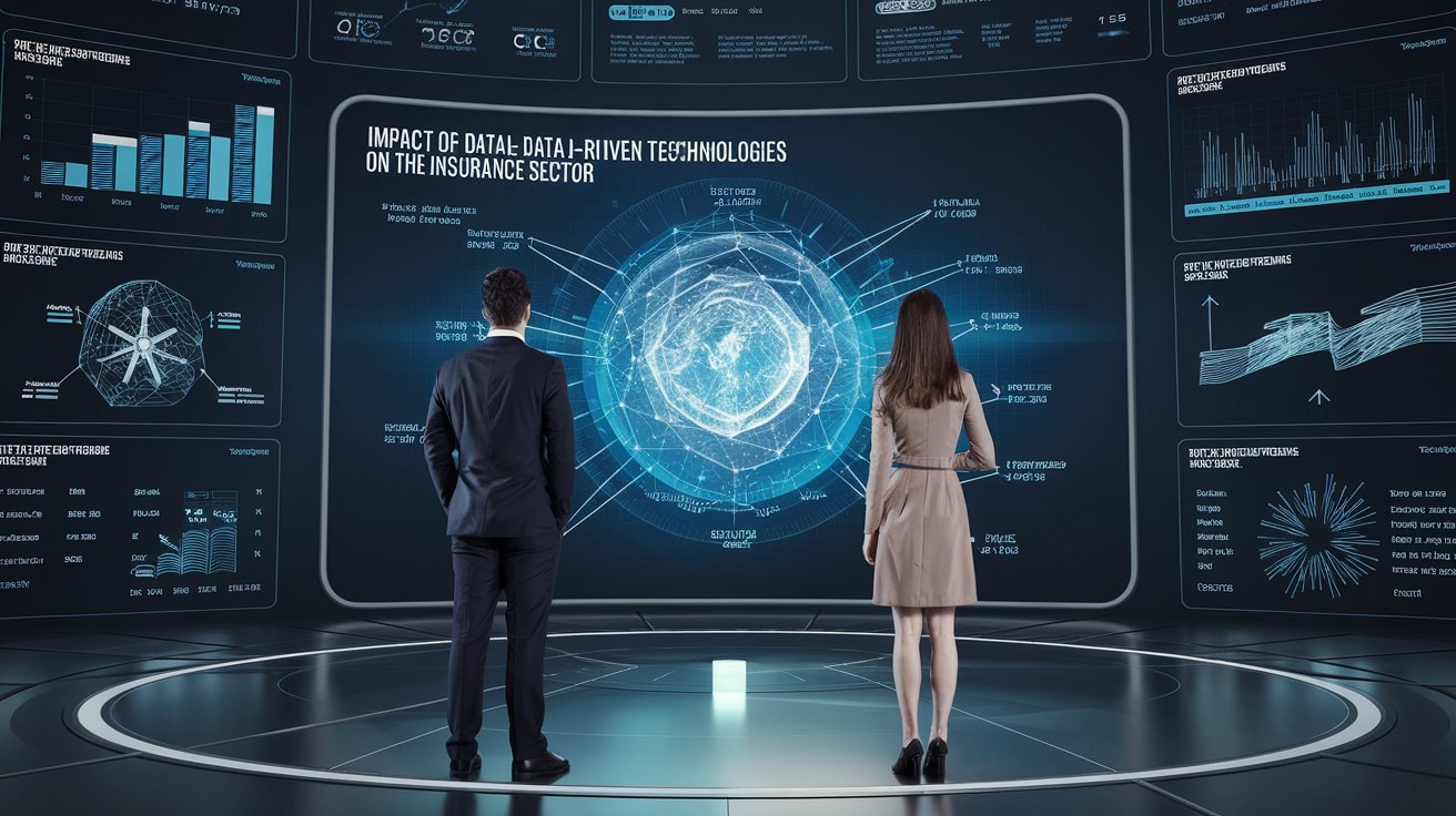 AI generated photo in which a man and a woman are standing in front of a huge info screen. We see the backs of the these people and diagrams on the screen.