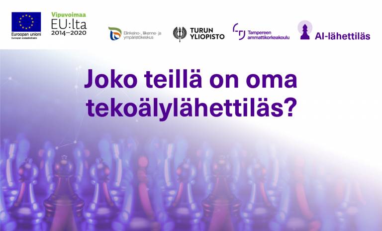 Shakkinappuloita violetilla taustalla, hankelogot ja teksti Joko teillä on oma tekoälylähettiläs?