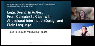 Screen shot of Zoom meeting. Slide title reads: Legal Design in Action: From Complex to Clear with AI-assisted Information Design and Plain Language.
