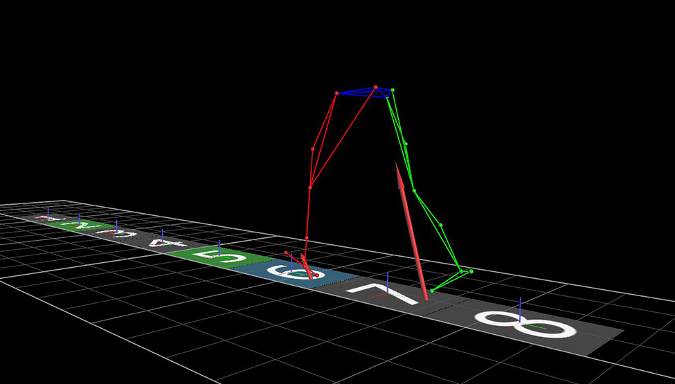 Liikkumismittauslaitteen digitaalista kuvaa ihmisen kävelystä.