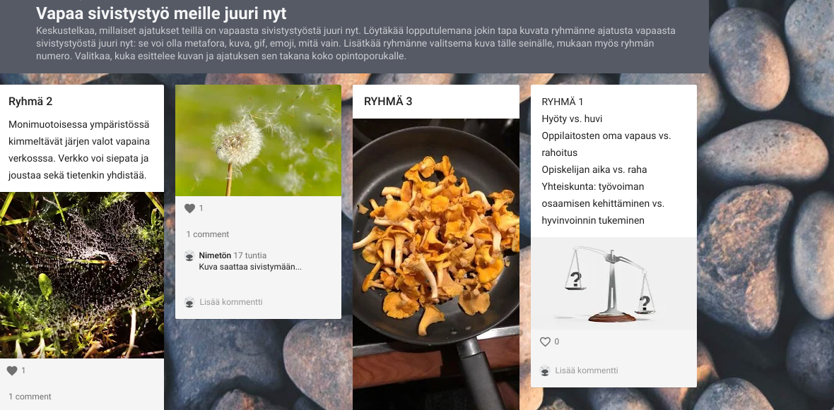 Kuvassa on Padlet-seinä, johon opiskelijat saivat ryhmissä lisätä kuvana näkemyksensä vapaasta sivistystyöstä juuri nyt