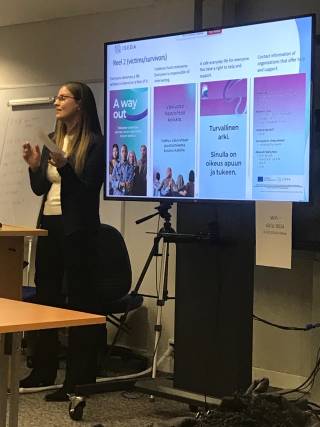 Hanna Mielismäki at the Glasgow Caledonian University presenting the Finnish Awareness raising campaign.