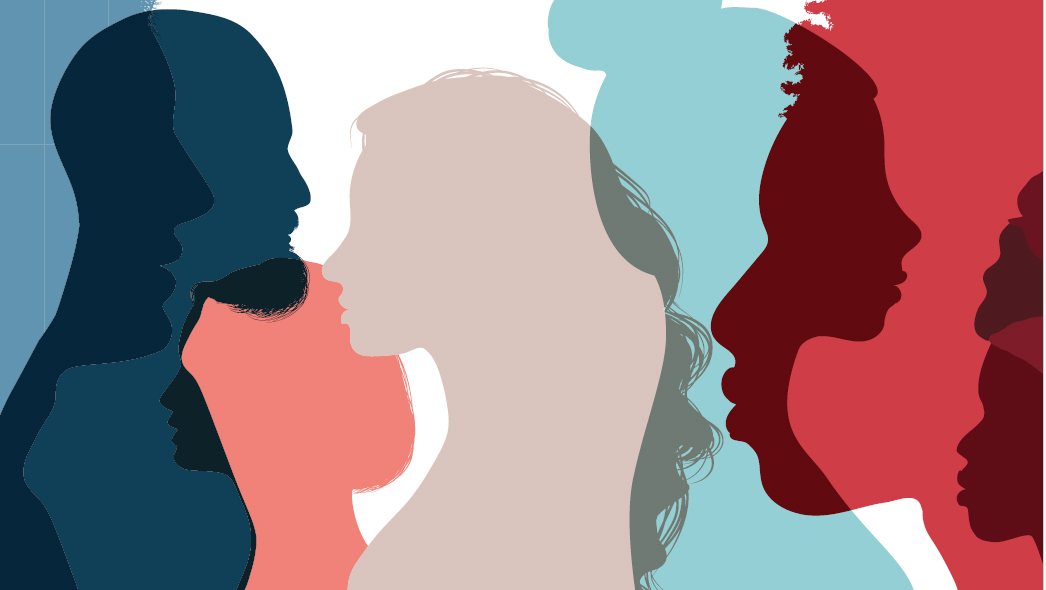 Tyylitelty kuva eri värisistä ihmisprofiileista.