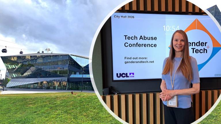 Researcher presenting at the Tech Abuse Conference in London City Hall