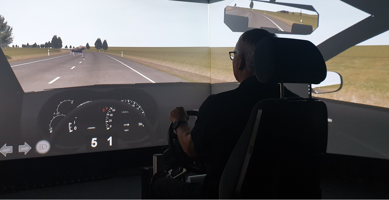 A person is driving a car in driving simulation environment during day time.