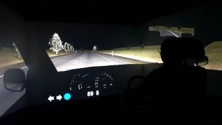 A person is driving a car in driving simulation environment during night time.