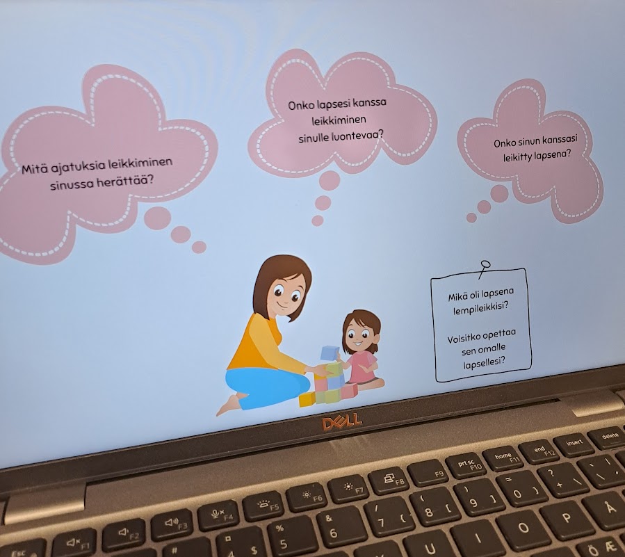 Kuva tietokoneen ruudusta, jossa ajatuskuplia leikin teemoista