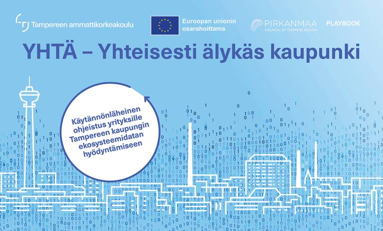 Yhteisesti älykäs kaupunki -teksti, logoja ja Tampereen kaupungin siluetti.