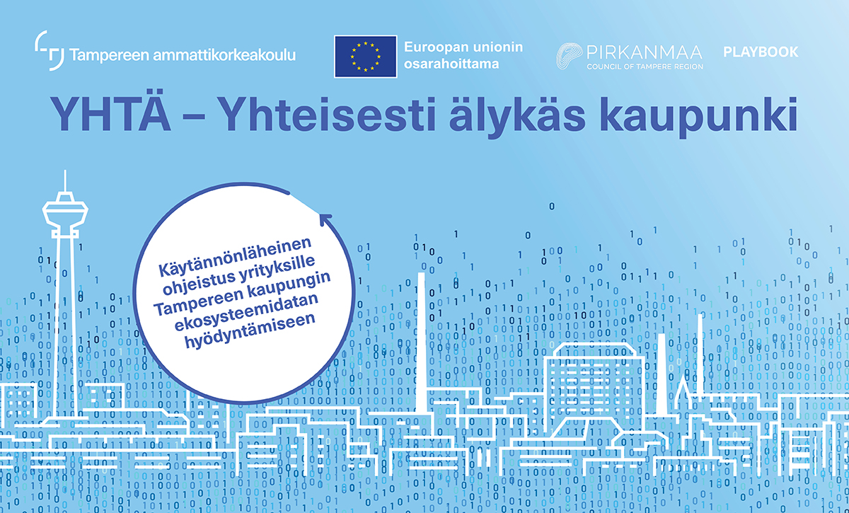 Yhteisesti älykäs kaupunki -teksti, logoja ja Tampereen kaupungin siluetti.