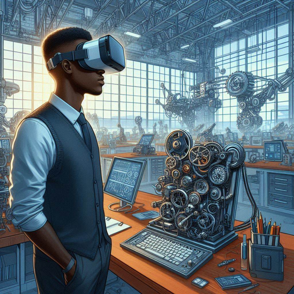 kuvassa tumma henkilö katsoo yläviistoon VR-laseilla konepajassa.