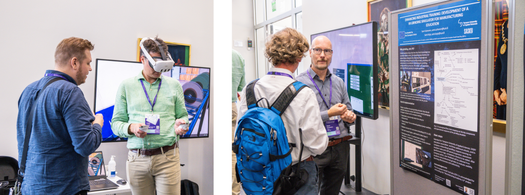 Kaksiosainen kuv, jossa vasemmalla 2 ihmistä käyttää VR-laseja ja oikealla 2 ihmistä tarkastelee posteria