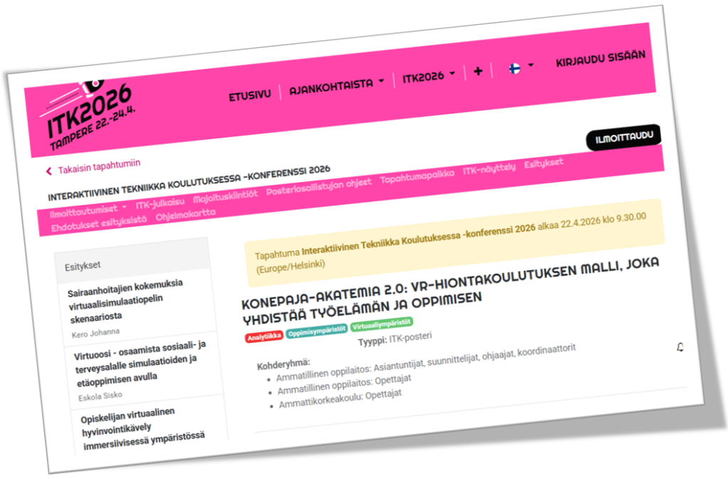 kuvankaappaus ITK-konferenssin verkkosivusta, jossa mainitaan konepaja-akatemia 2.0 hanke