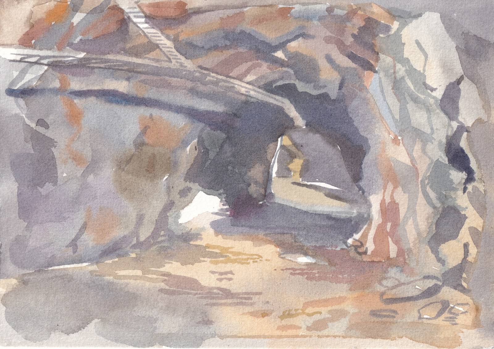 watercolor illustration of a mining tunnel