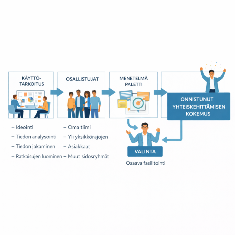 Yhteiskehittämisen menetelmän valinnan prosessi. Mieti ensin käyttötarkoitus: onko se ideointi, tiedon analysointi, tiedon jakaminen vai ratkaisujen luominen? Seuraavaksi valitse osallistujat: oma tiimi, yli yksikkörajojen, asiakkaat vai muut sidosryhmät? Näiden pohjalta osaava fasilitaattori valitsee menetelmäpaletista sopivan menetelmän. Huolellinen prosessi johtaa onnistuneeseen yhteiskehittämisen kokemukseen.