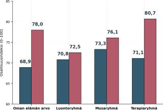 Pylväskaavio osallisuusindeksin keskiarvoista ryhmittäin ennen ja jälkeen ryhmätoiminnan. Osallisuusindeksi nousi kaikissa tarkastelluissa ryhmissä.