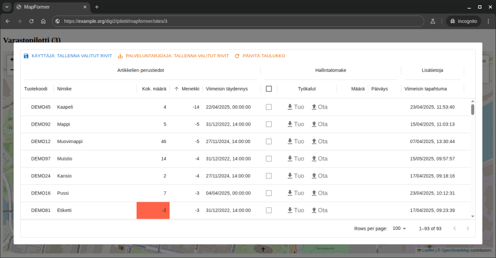 MapFormer-sovelluksen taulukkonäkymä