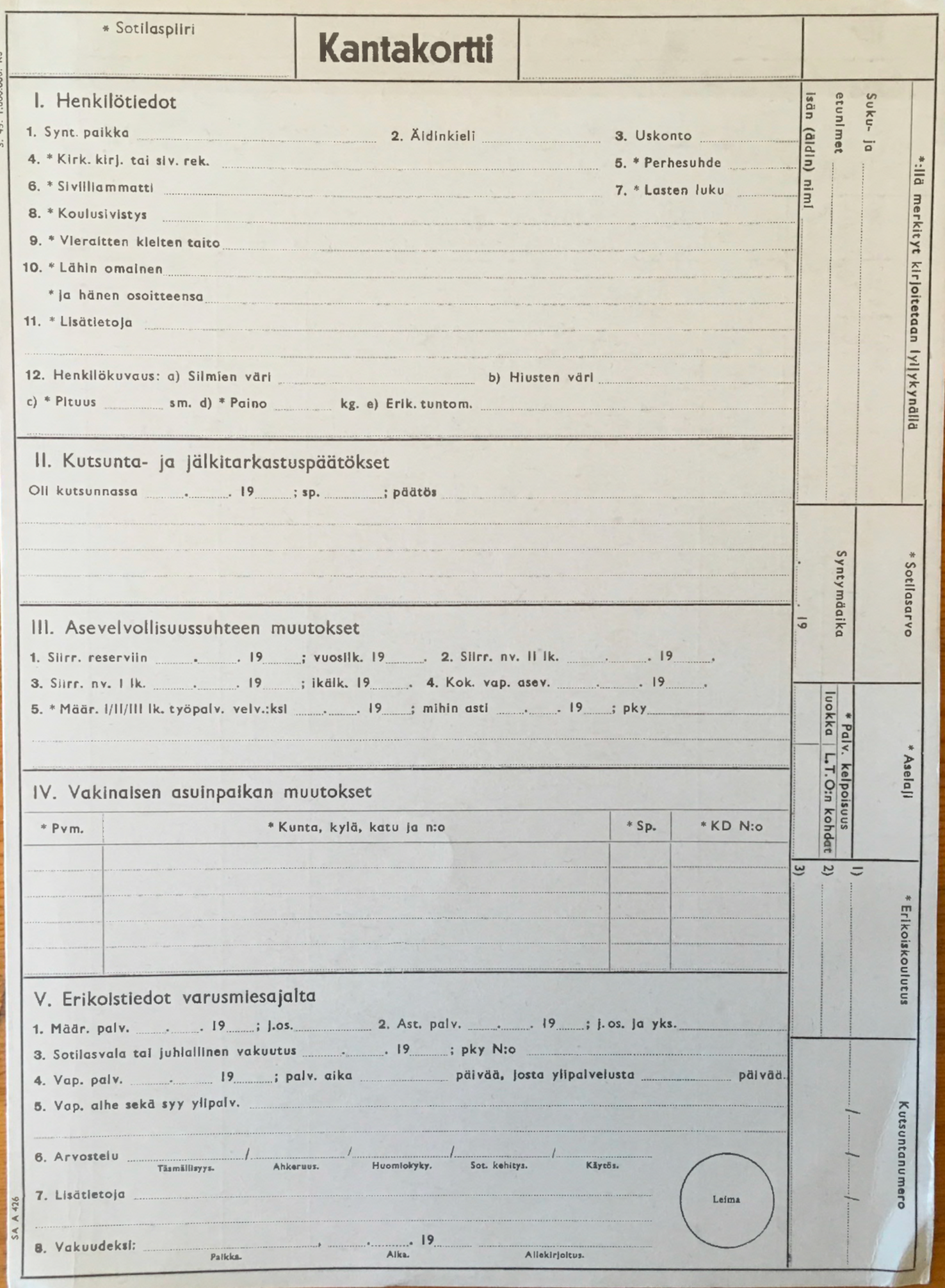 Finnish military service card during World War II