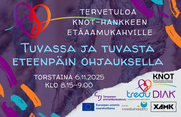 Aamukahvimainos tekstiä ja violetti tausta