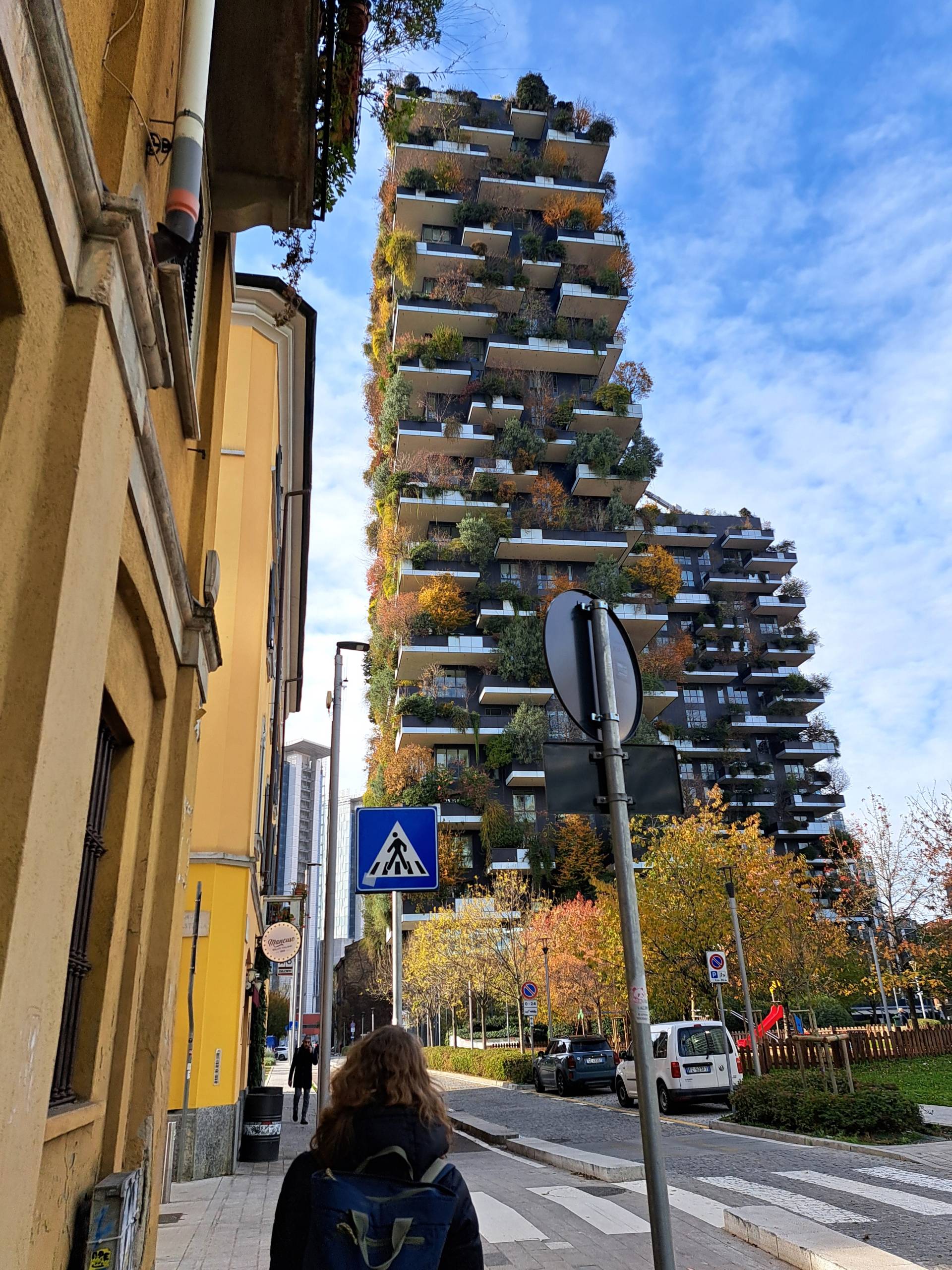 Kaksi tornitaloa, joiden parvekkeilla on puita ja pensaita kaupunmiljöössä.