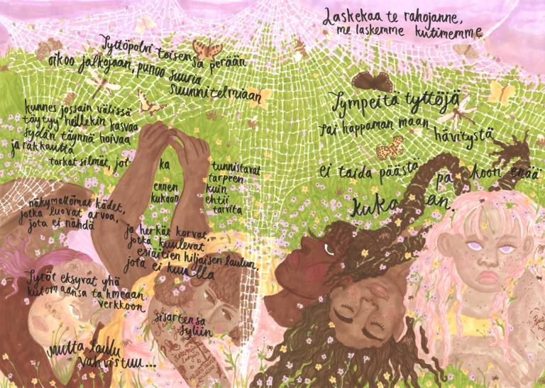 Tanskasen sarjakuvapiirros Kutojanaiset. Kuvassa on viisi naista, jotka makaavat hämäkinseittiä muistuttavassa verkossa. Sarjakuvapiirroksessa puhutaan tyttöjen tekemästä työstä, jota ei tunnisteta arvoksi.