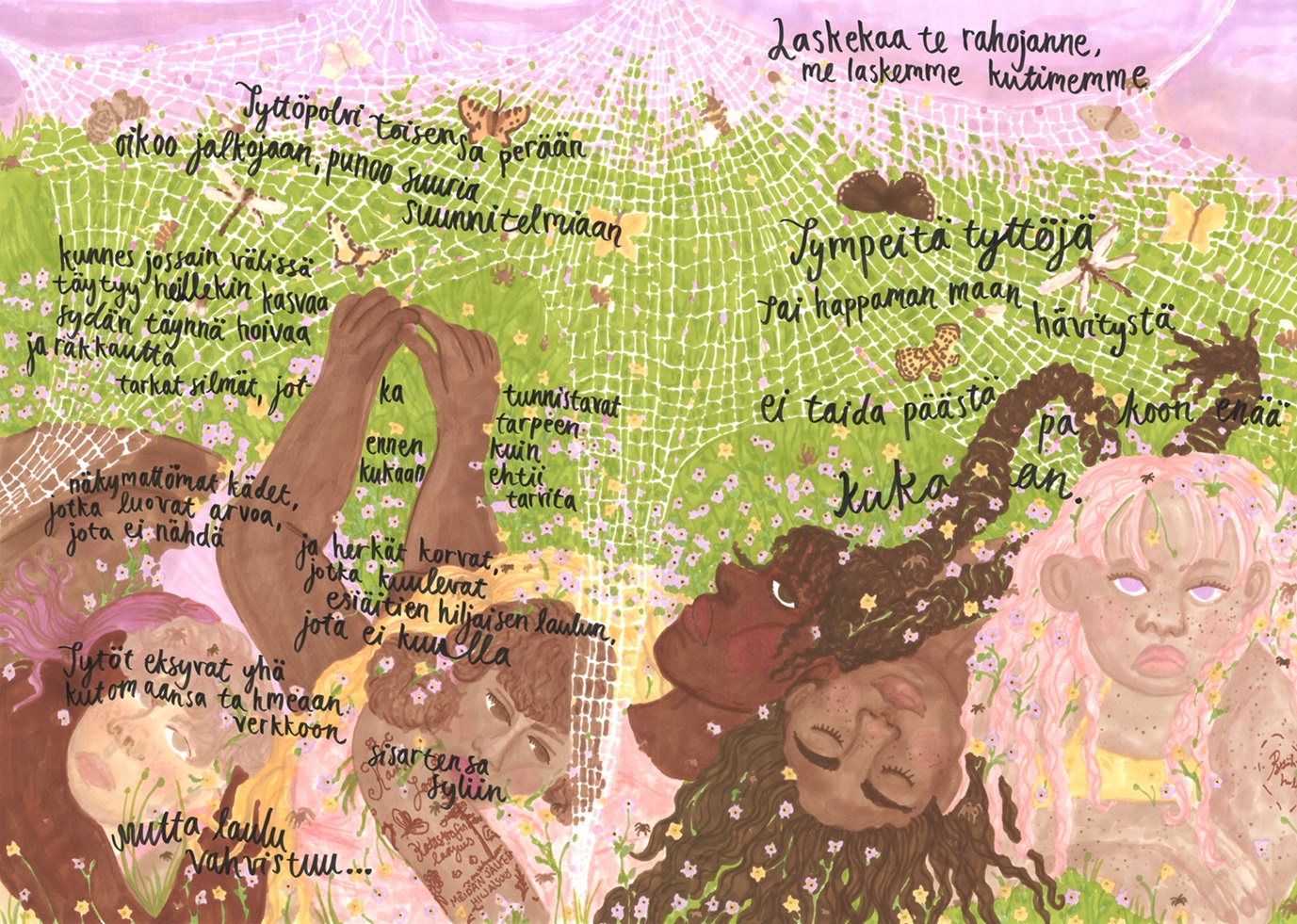 Tanskasen sarjakuvapiirros Kutojanaiset. Kuvassa on viisi naista, jotka makaavat hämäkinseittiä muistuttavassa verkossa. Sarjakuvapiirroksessa puhutaan tyttöjen tekemästä työstä, jota ei tunnisteta arvoksi.