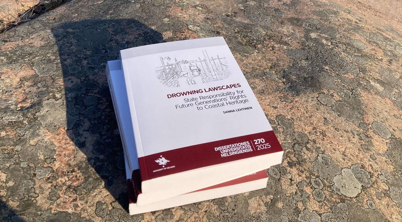 Pino väitöskirjoja rantakalliolla