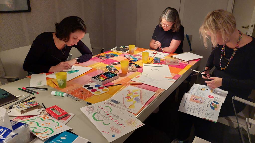 Juliene, Johanna, and Alexandra (left to right) visualising their understandings of knowledge / Photo: Vesna Holubek