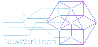 Das Logo ist lila, türkis auf weißem Grund. Es zeigt den Schriftzug NewWorkTech unten links und darüber Striche, die rechts dann zu einem Netzwerk werden. Aus einzelnen Strichen links wird rechts ein Netz.